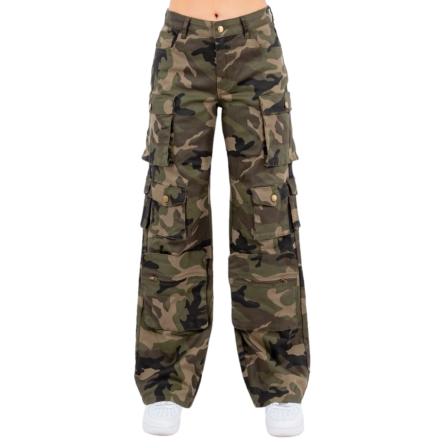 High Waist Wide Leg Camo Pocket Pants- RJH30589