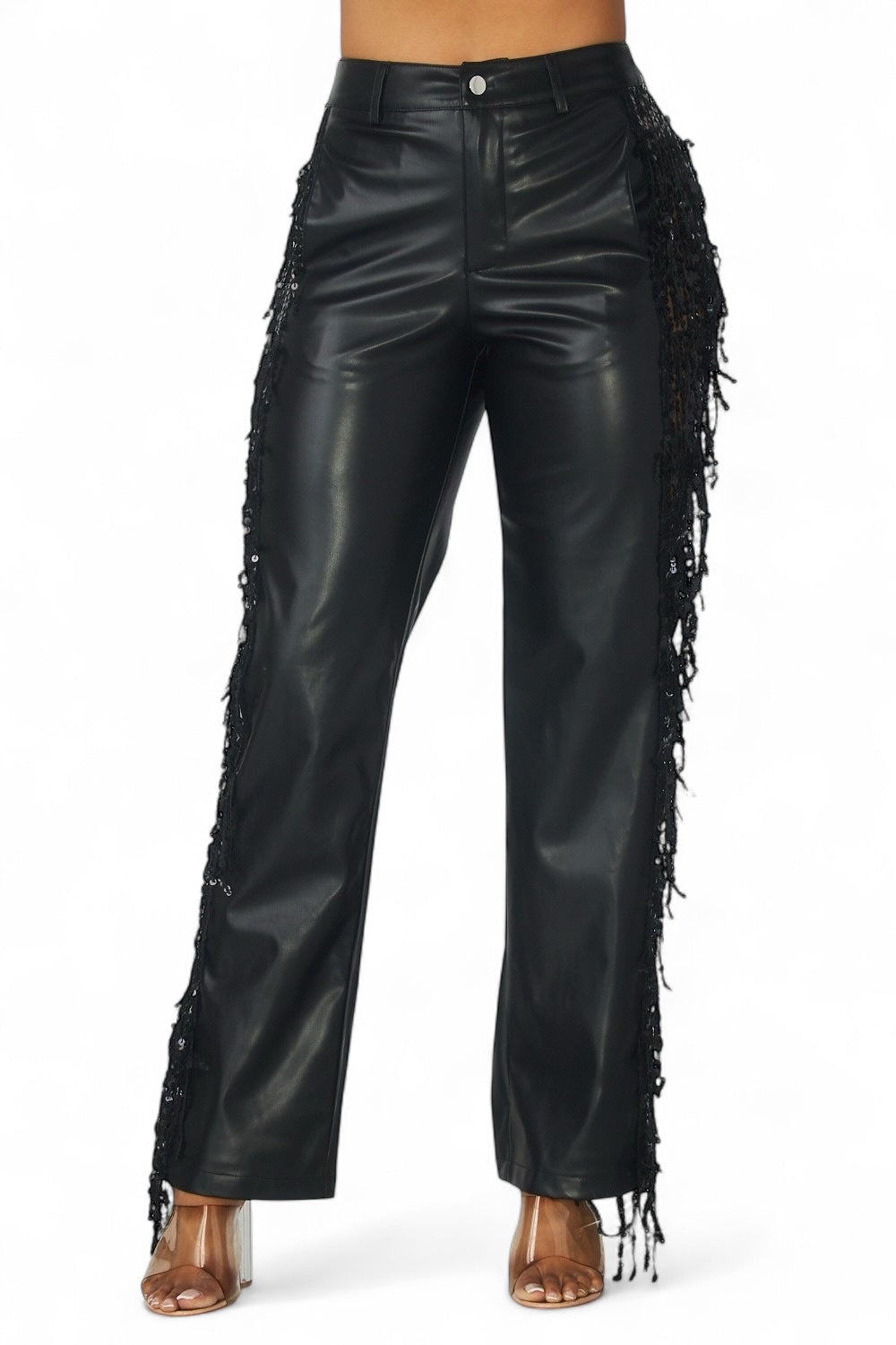 Shimmer Lane Vegan Leather Fringe Pants