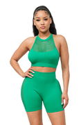 Front Fishnet Contrast Halter Top and Shorts Set