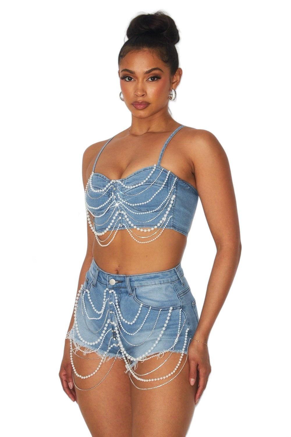Pearl Detail Denim Short Set