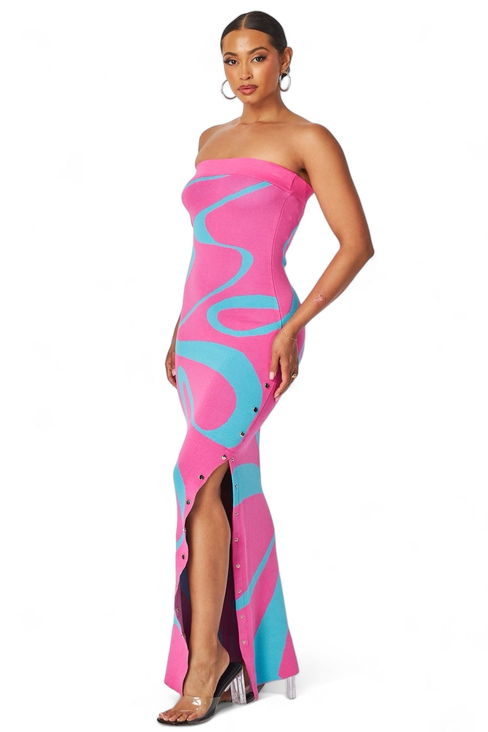 Multi Color Waves Strapless Maxi Tube Dress