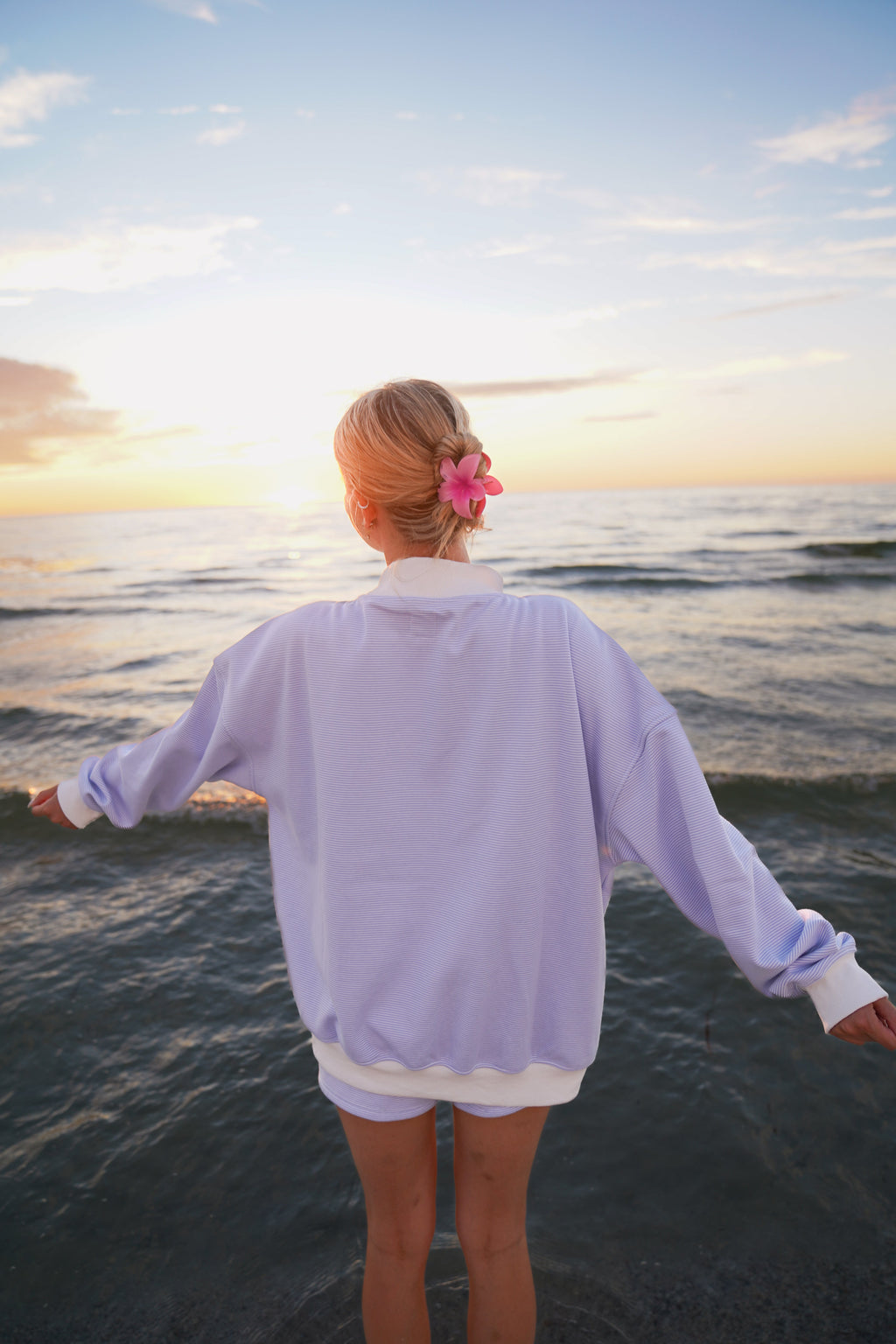 Blue and White Mini Striped Mockneck Sweatshirt