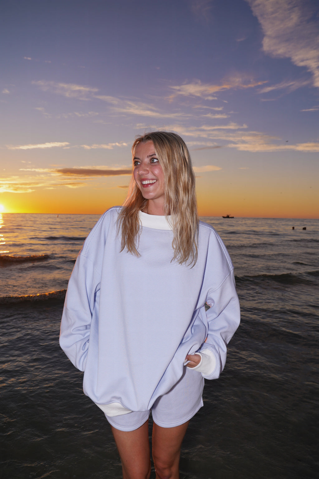 Blue and White Mini Striped Mockneck Sweatshirt