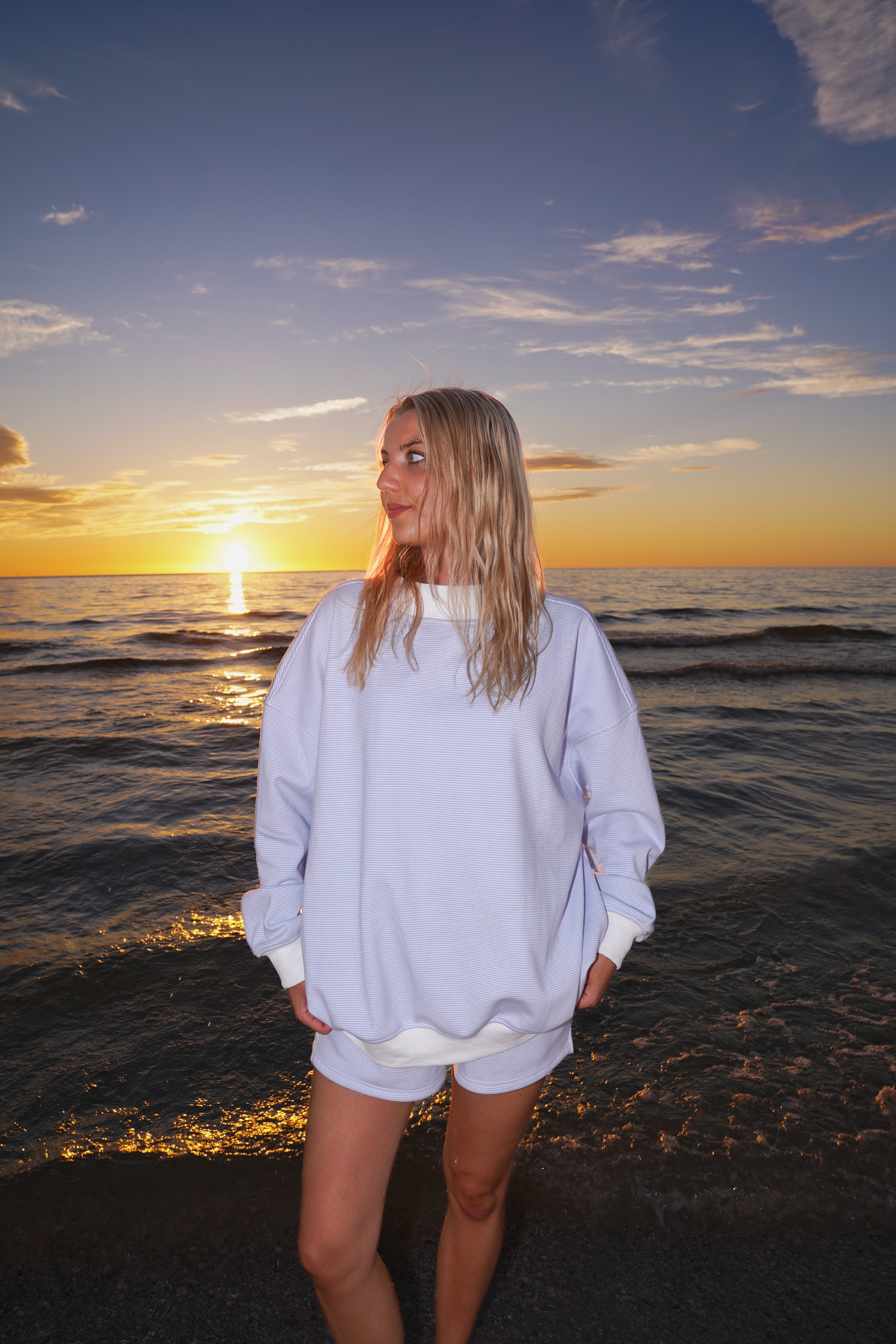 Blue and White Mini Striped Mockneck Sweatshirt