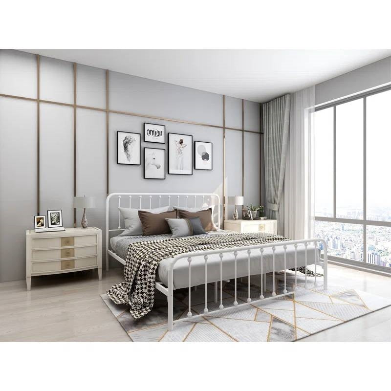 King White Metal Platform Bed Frame with Rounded Corners Headboard Footboard