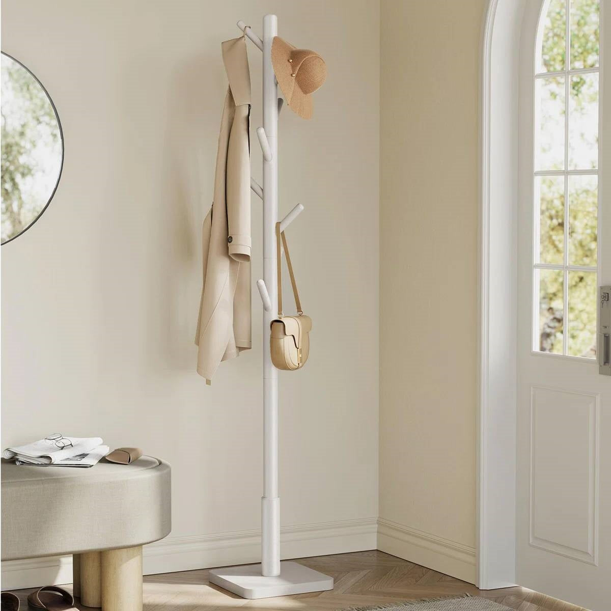 Modern Farmhouse Solid Wood Coat Rack Entryway Hall Tree Hat Stand in Light Grey