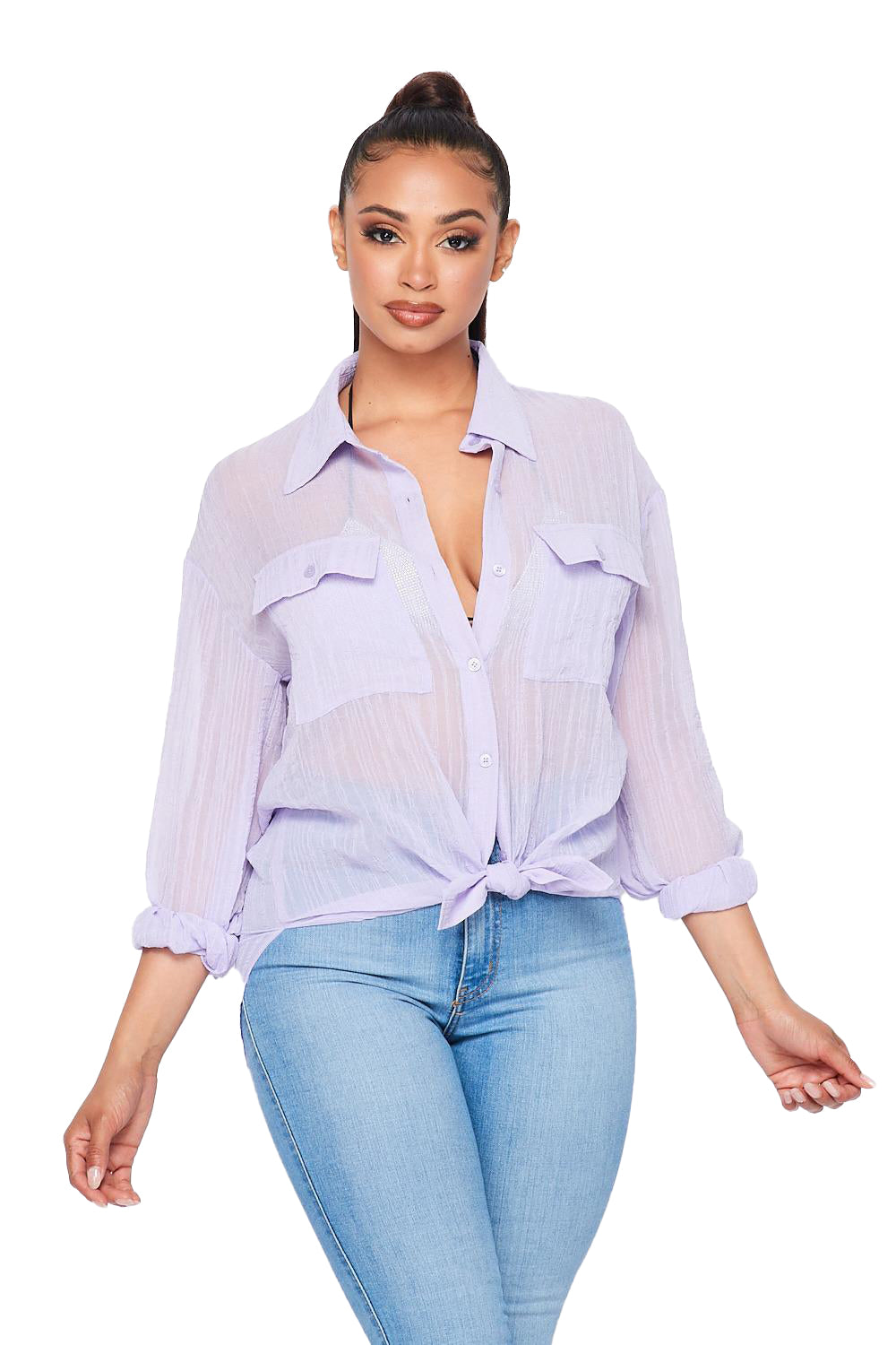 See Thru Striped Bottom Up Shirt - Lavender