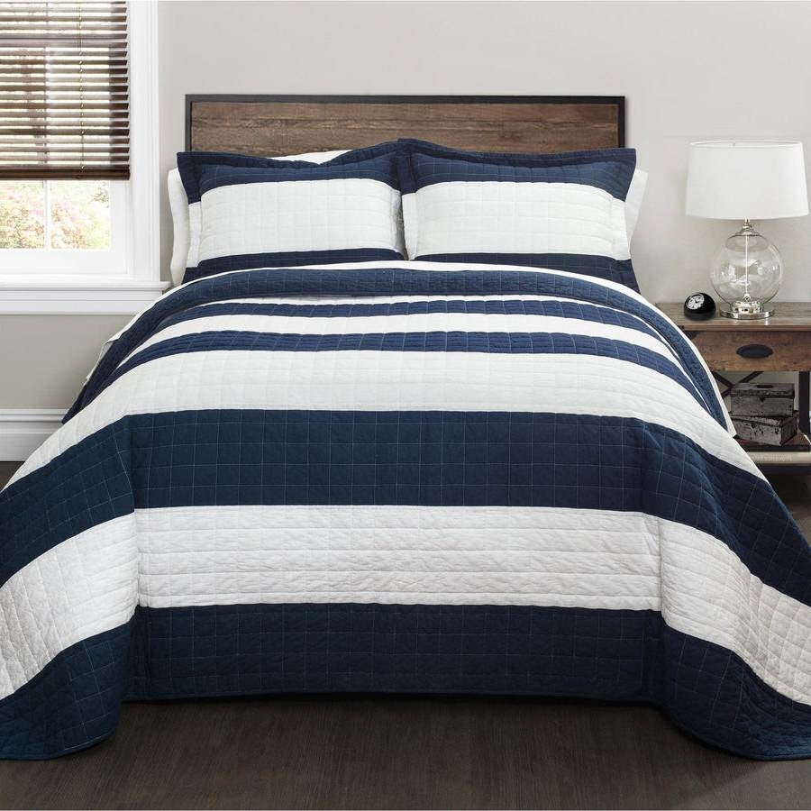 Twin Navy White Stripe 2 Piece Cotton Lightweight Quilt Set