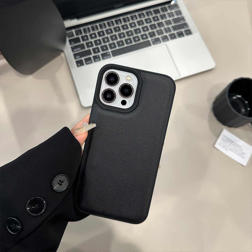 Simple black lychee pattern is suitable for Apple 16 mobile phone case iPhone17promax personality 11 leather pattern 13 advanced