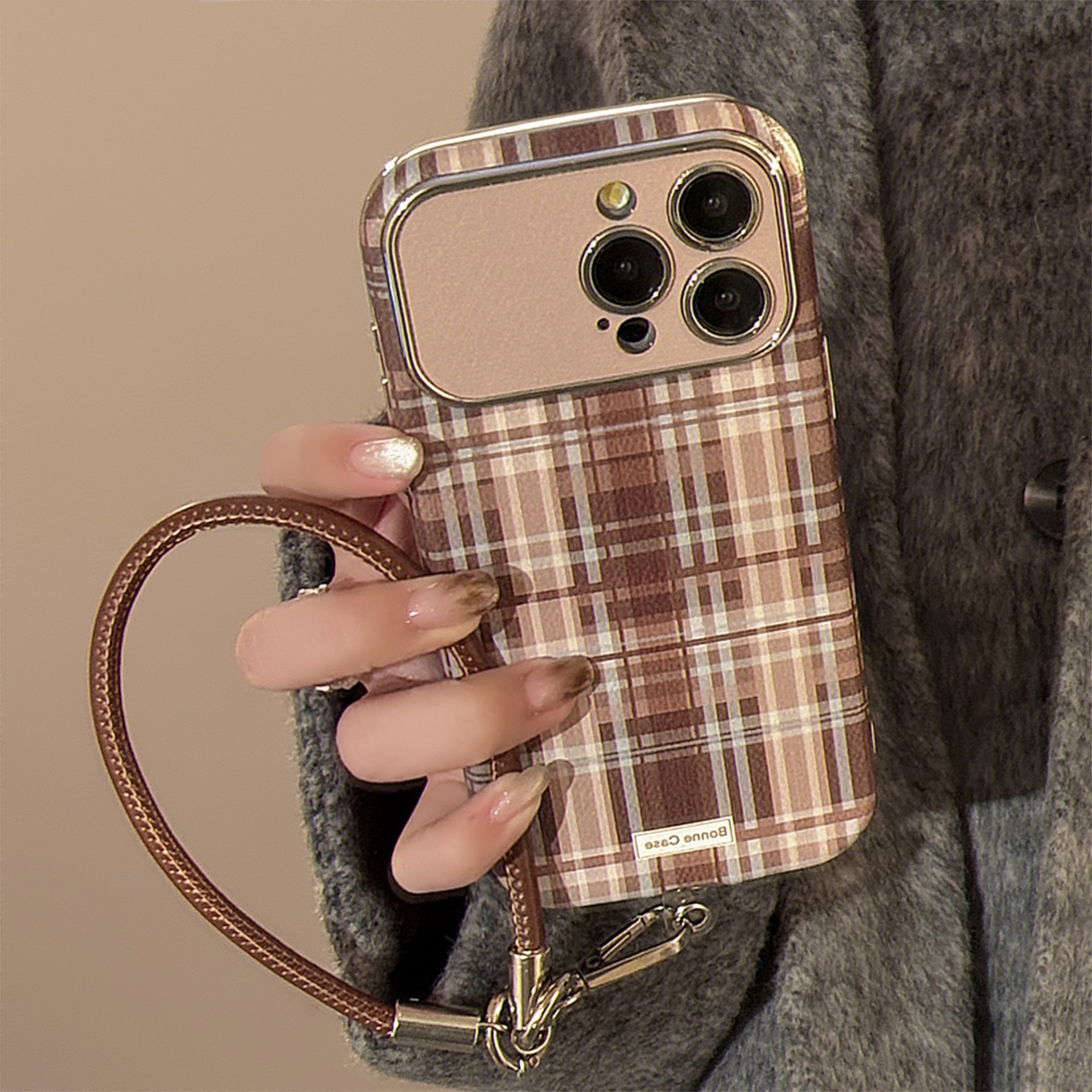 Brown plaid for iphone16promax mobile phone case Apple 15/14 anti-drop 13 lanyard 16 advanced 17