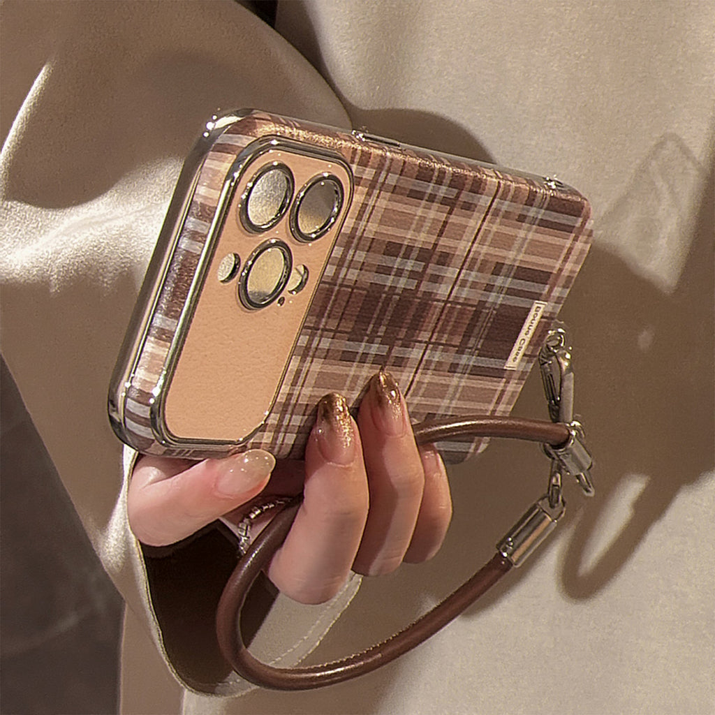 Brown plaid for iphone16promax mobile phone case Apple 15/14 anti-drop 13 lanyard 16 advanced 17