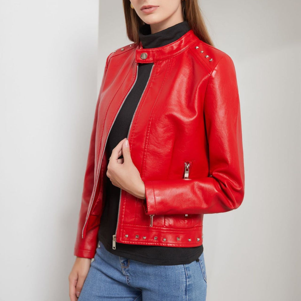 Women's Stand Collar Vegan Leather Jacket With Studs