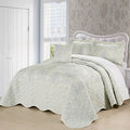 Queen size Antique White Damask Embroidered 4 Piece Oversized Bedspread Set