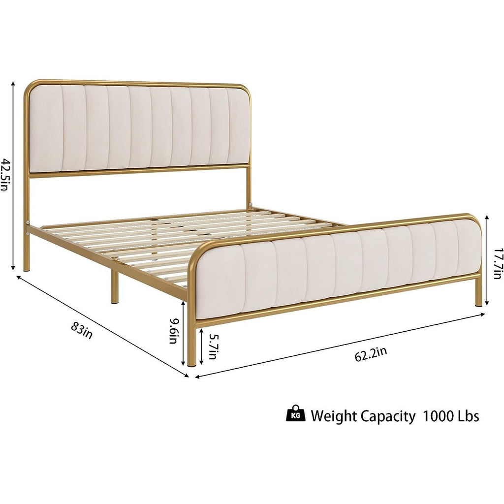 Queen size Gold Metal Platform Bed Frame with Off-White Upholstered Headboard