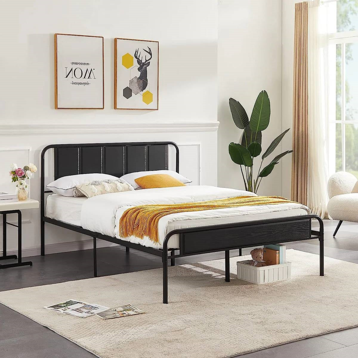 Queen size Black Wood Metal Platform Bed Frame with Rounded Headboard Footboard