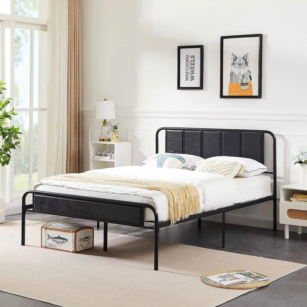 Queen size Black Wood Metal Platform Bed Frame with Rounded Headboard Footboard