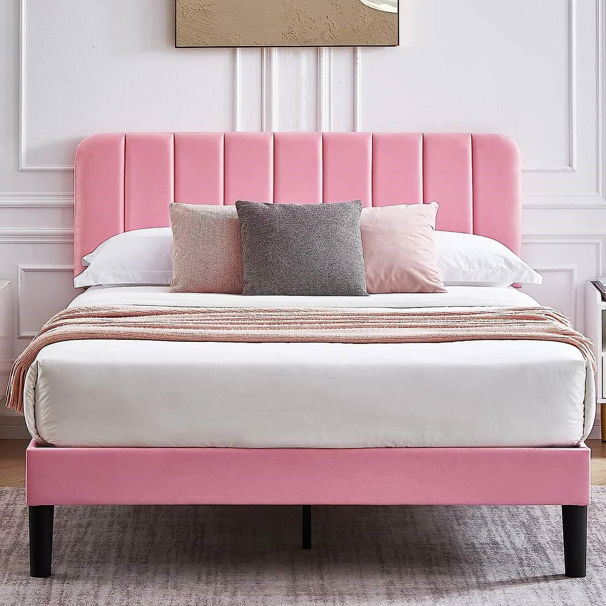 Queen size Pink Upholstered Platform Bed Frame with Headboard
