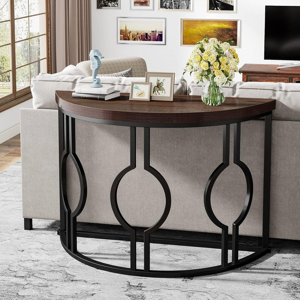 Modern 43-inch Half Moon Accent Console Table with Brown Wood Top Black Frame
