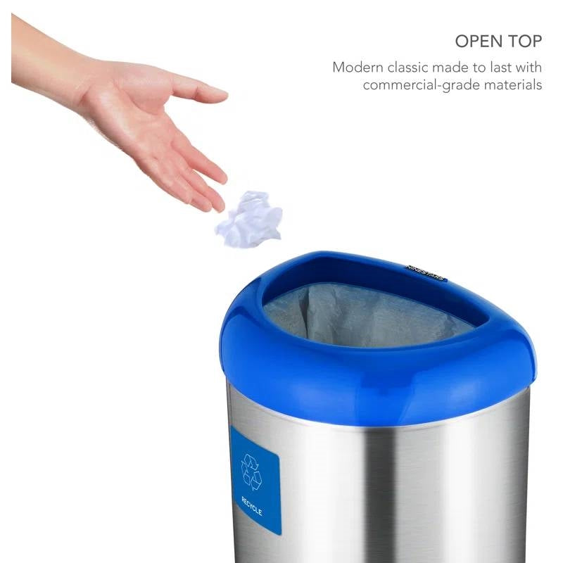 13-Gallon Stainless Steel Recycle Bin with Blue Open Top