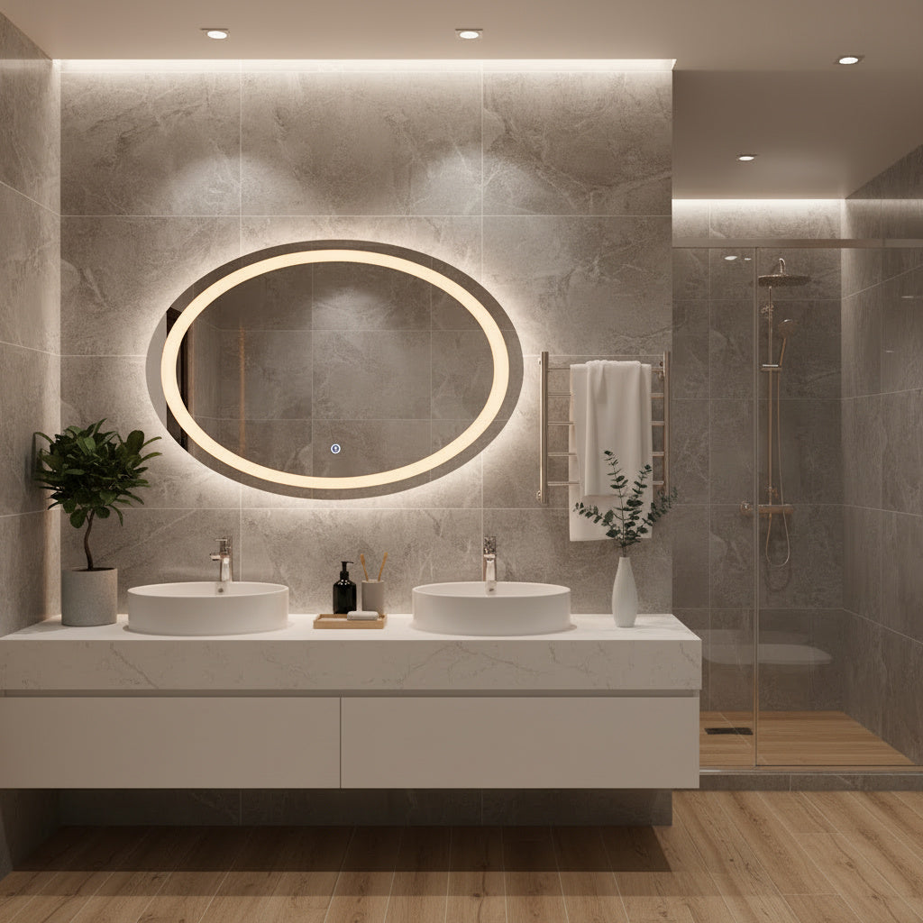 LED Bathroom Mirror with Backlit Oval Design – Modern Dimmable Vanity Wall Mirror