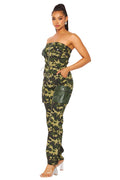 Strapless Camouflage with PU Pocket Cargo Jumpsuit