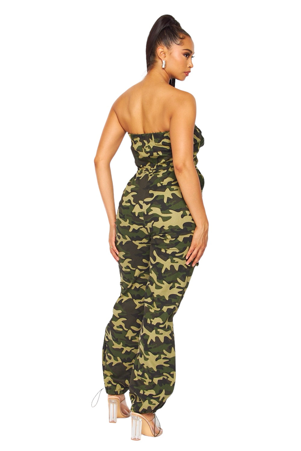 Strapless Camouflage with PU Pocket Cargo Jumpsuit