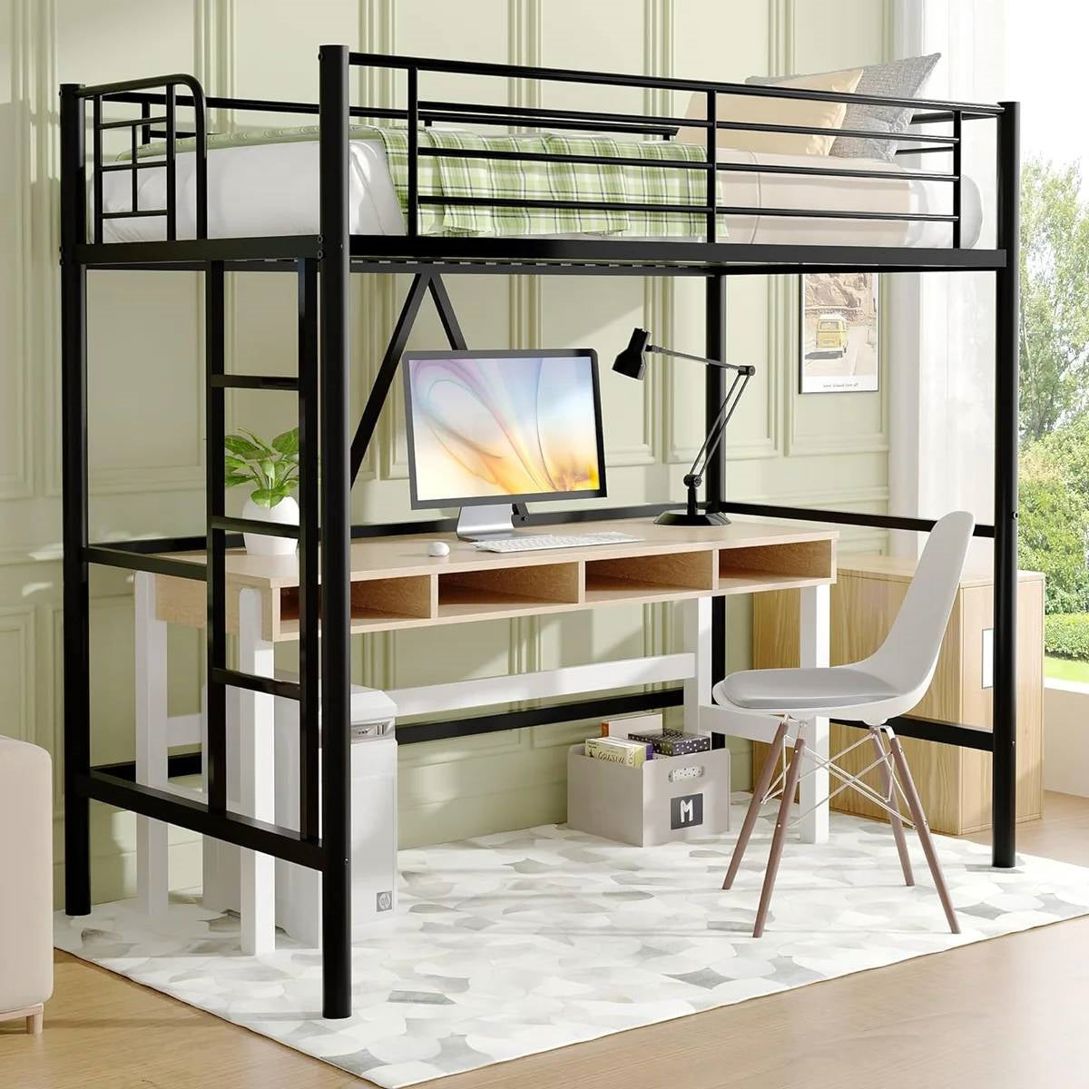 Twin size Black Metal Loft Bed Frame with Ladder - Space Saving Design