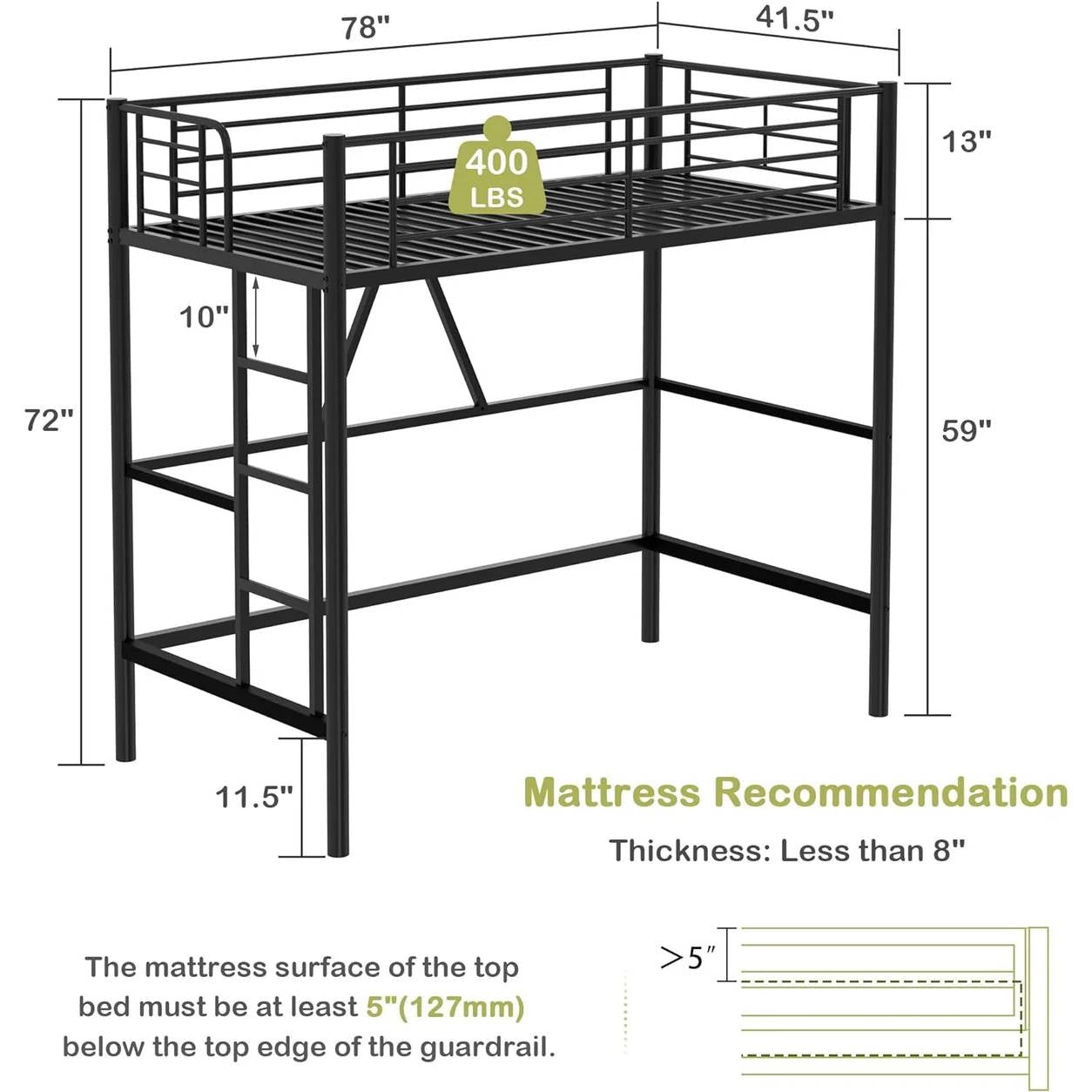 Twin size Black Metal Loft Bed Frame with Ladder - Space Saving Design