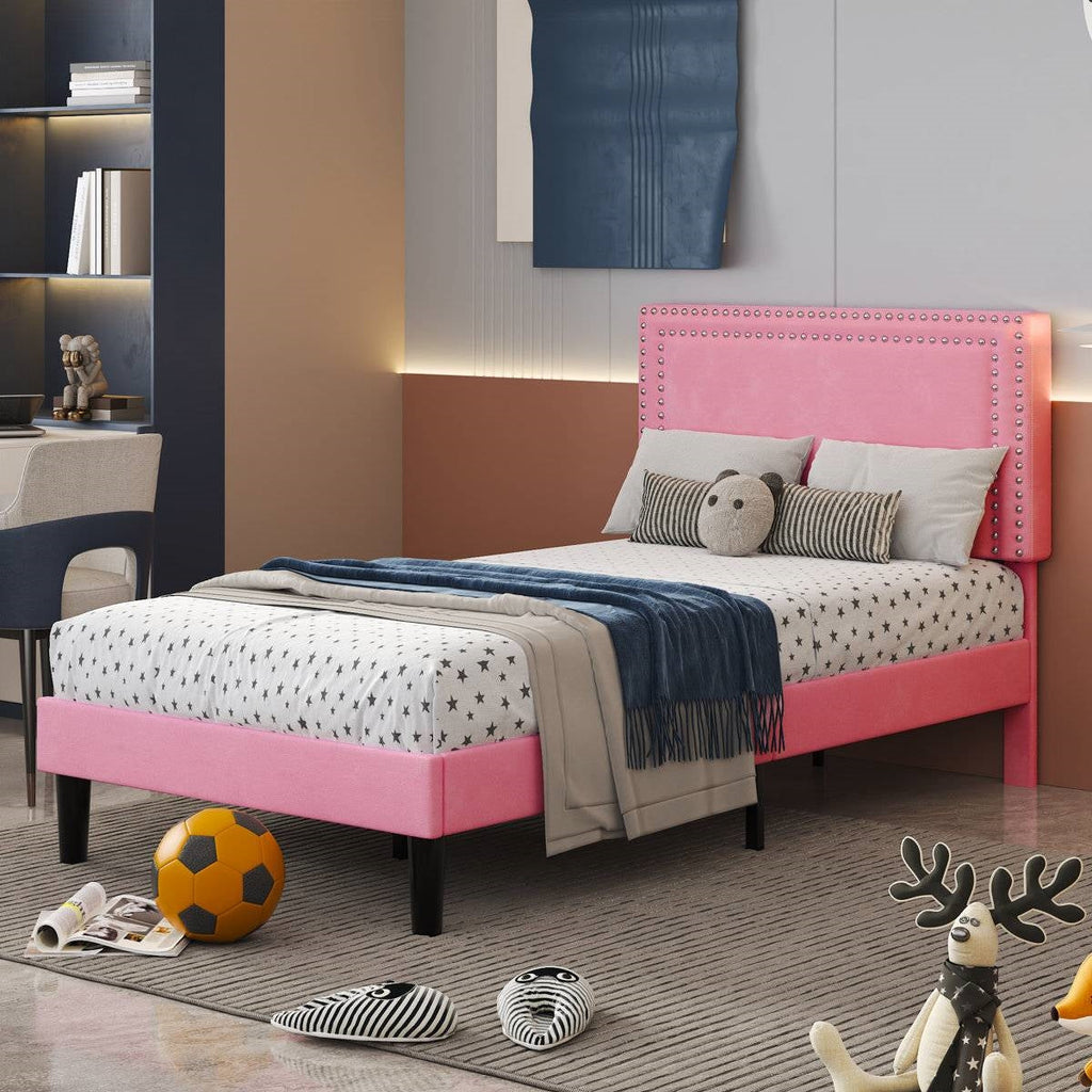 Set of 2 - Twin size Pink Upholstered Platform Bed with Nailhead Trim Headboard