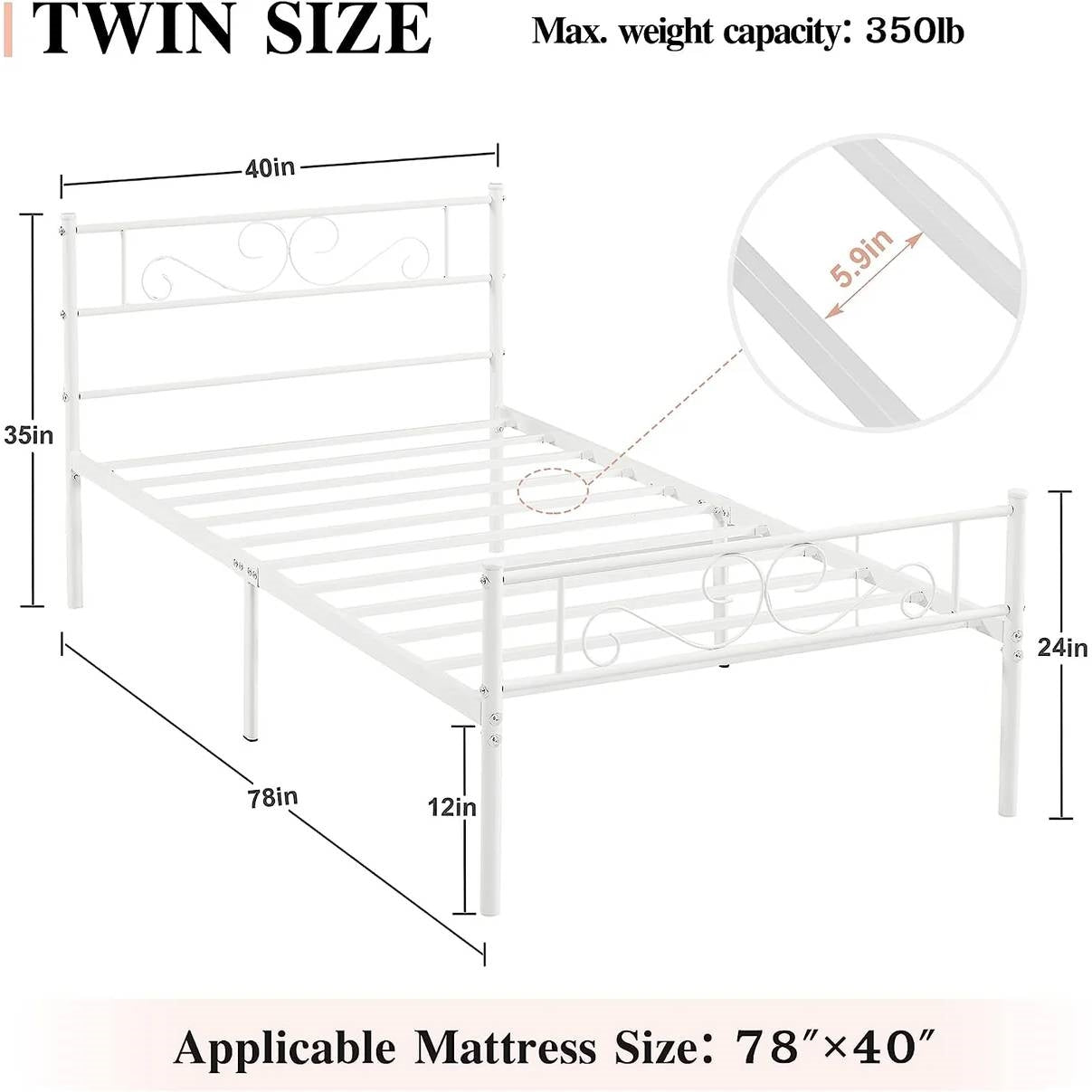 Twin size White Metal Platform Bed Frame with Headboard and Footboard