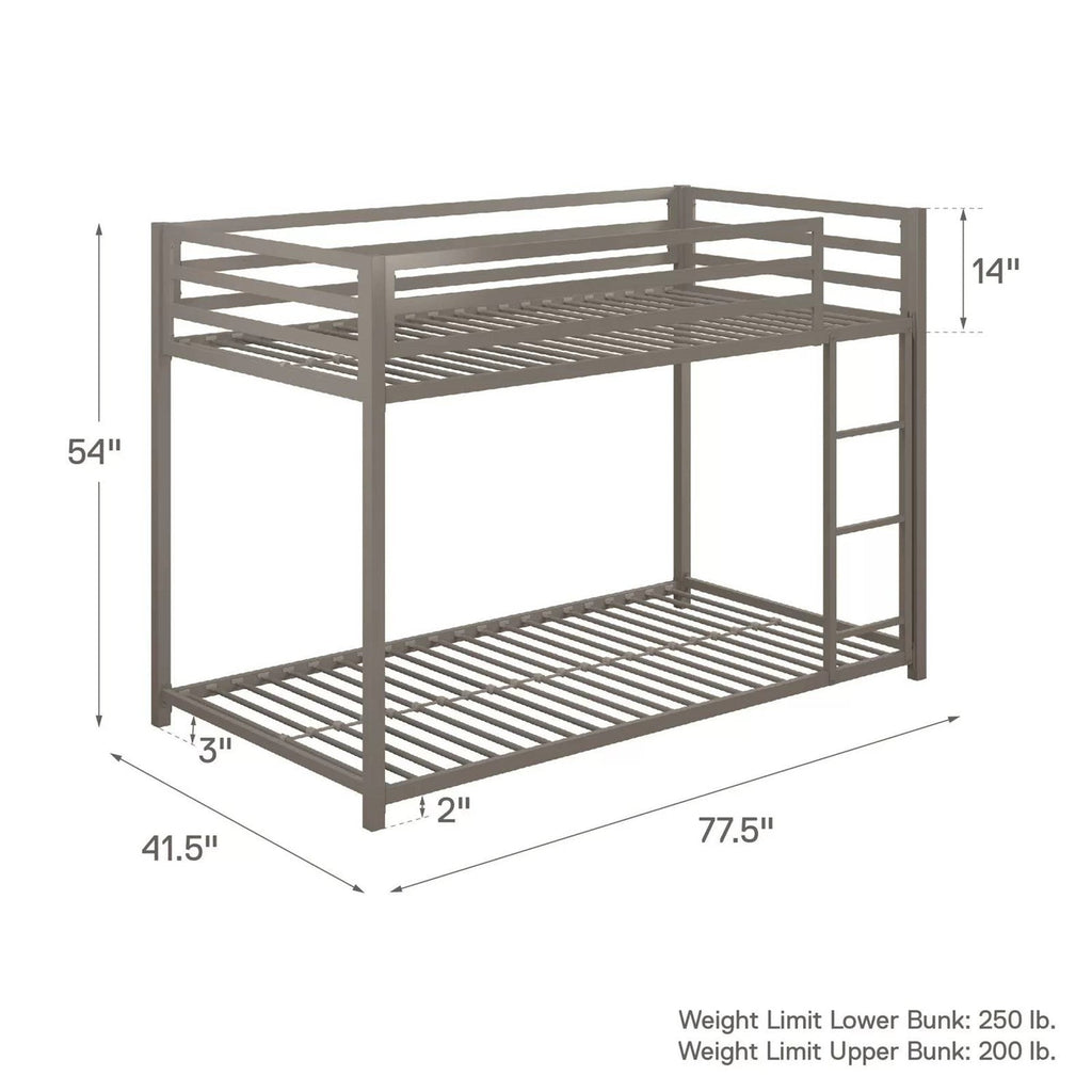 Twin over Twin size Modern Low Height Silver Grey Metal Bunk Bed