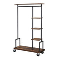 Industrial Metal Pipe Garment Rack with Wood Storage Shelves on Wheels