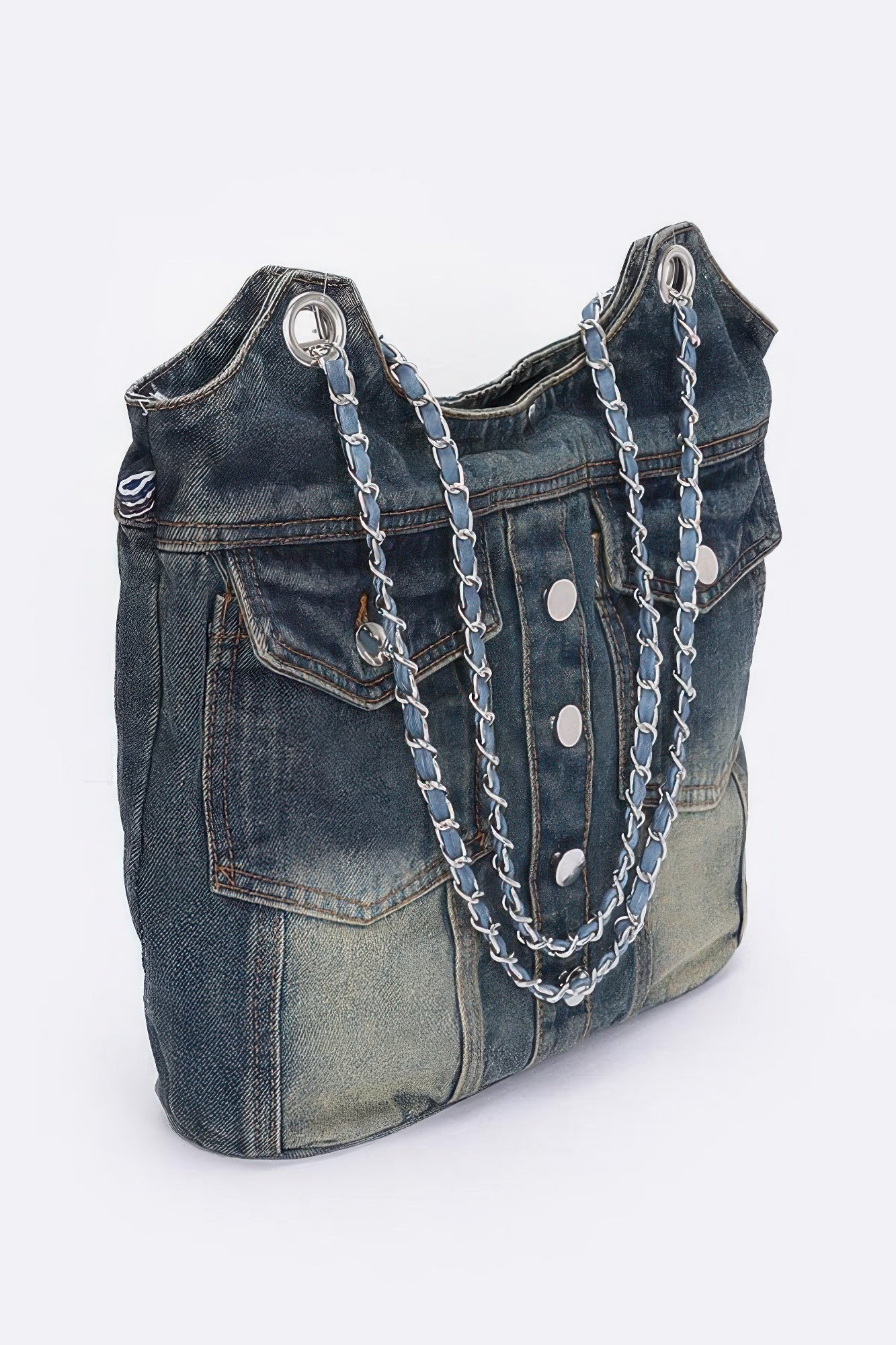 Washed Denim Double Pockets Tote Bag