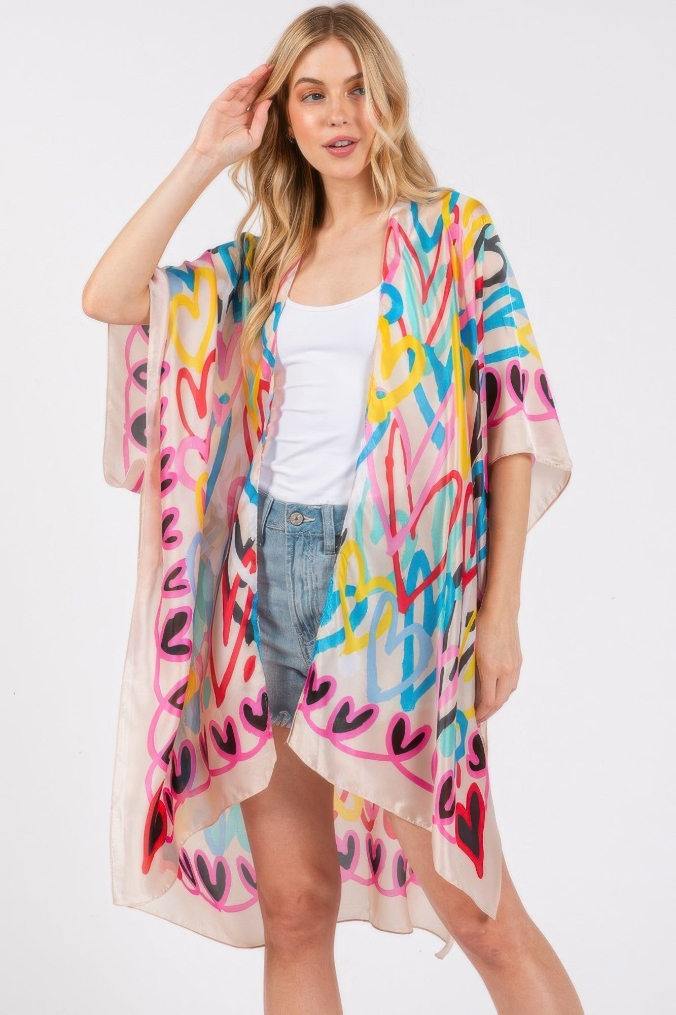 Multi Colored Heart Print Silky Feel Kimono