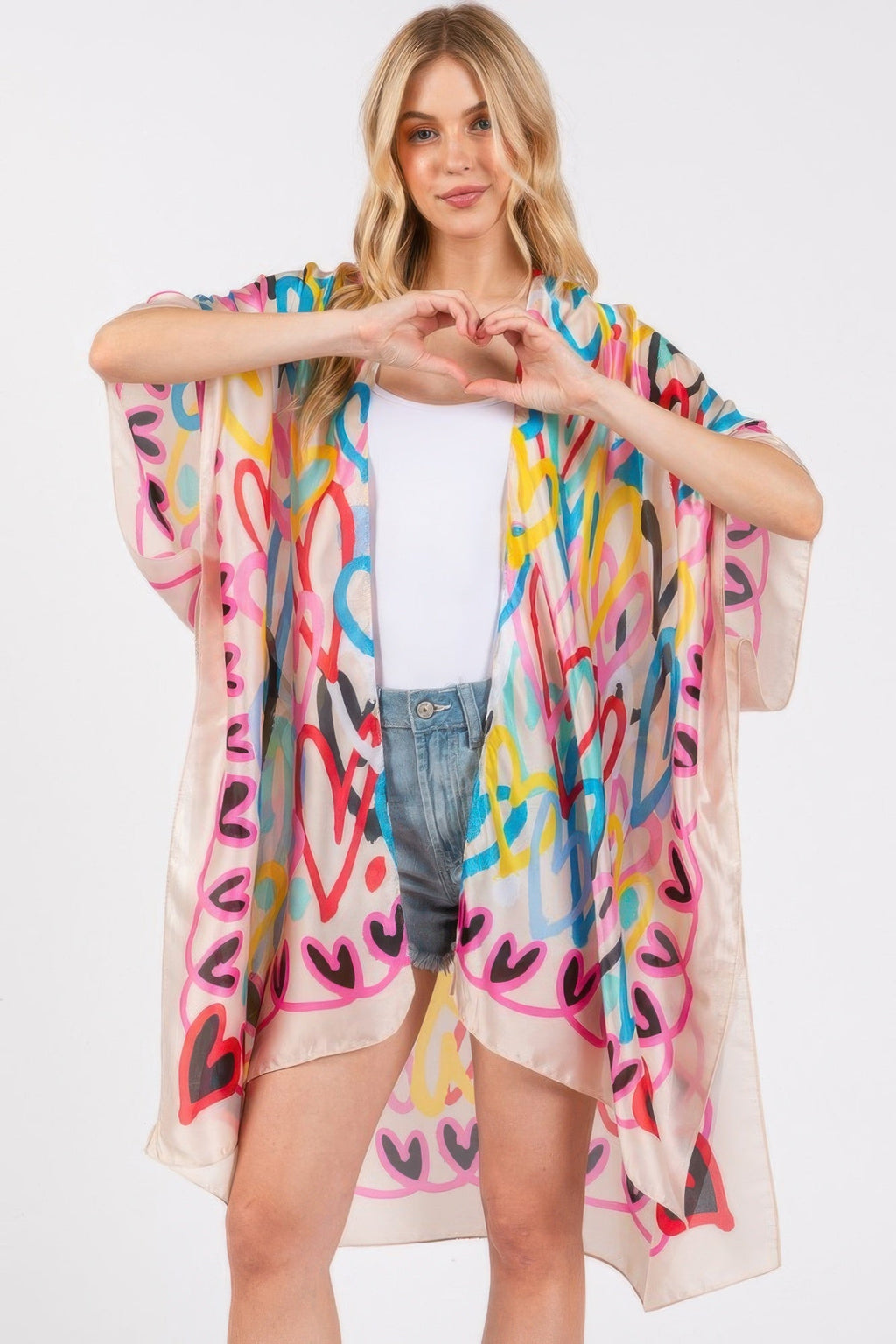Multi Colored Heart Print Silky Feel Kimono