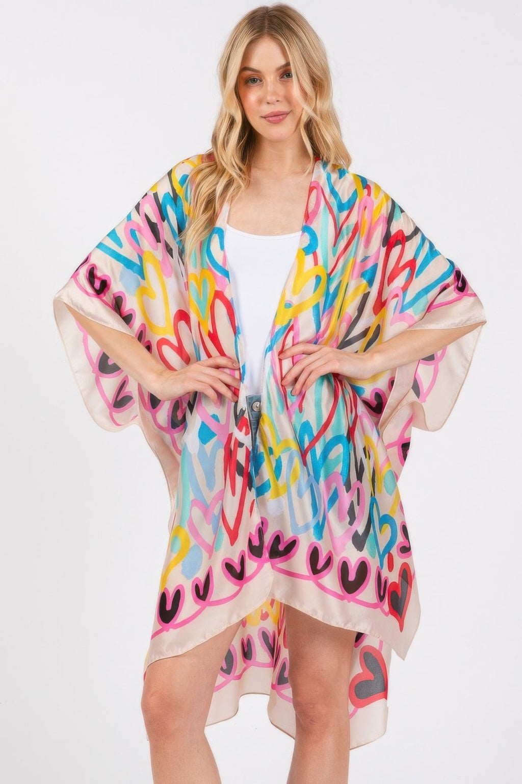 Multi Colored Heart Print Silky Feel Kimono