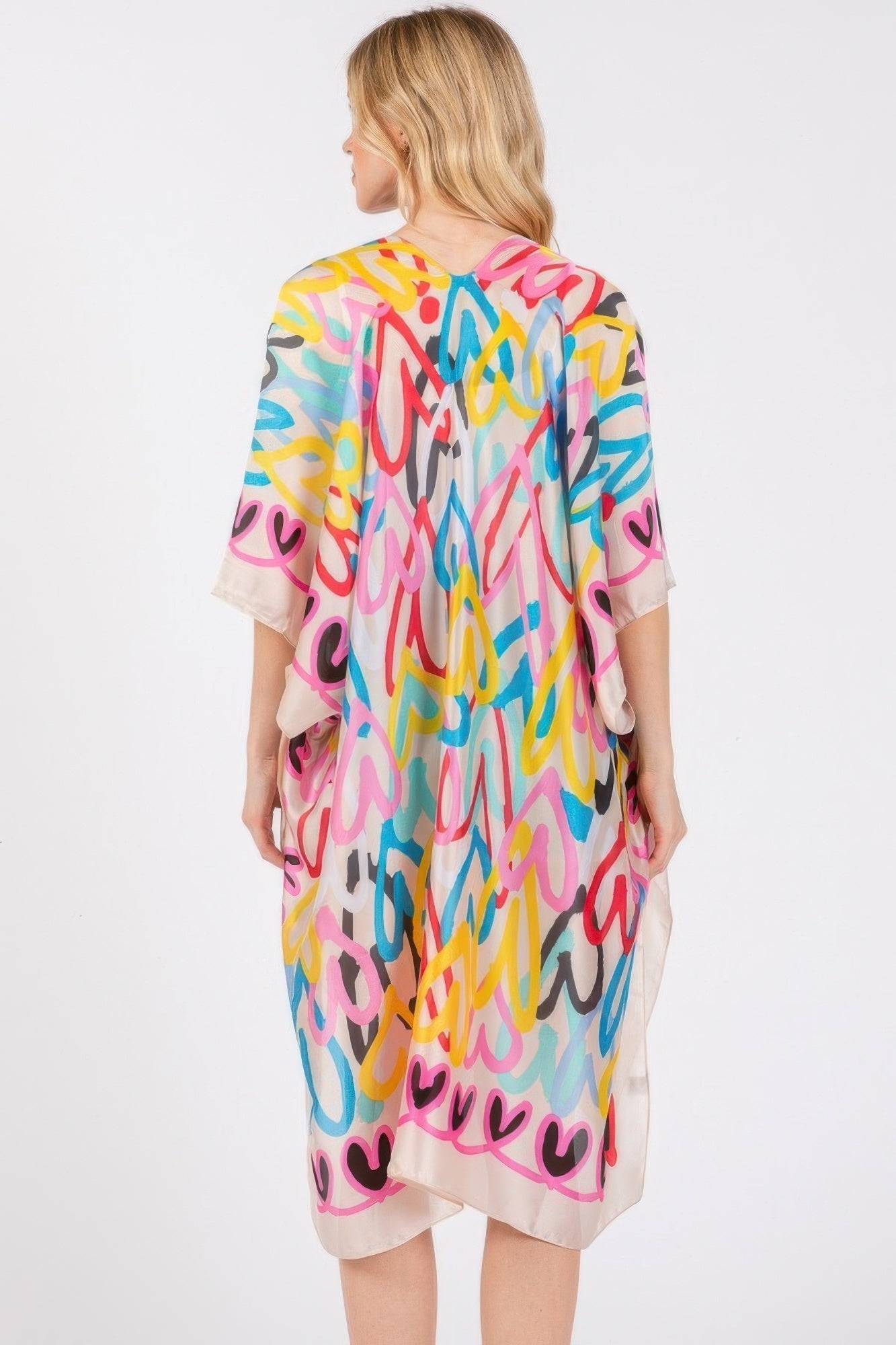 Multi Colored Heart Print Silky Feel Kimono