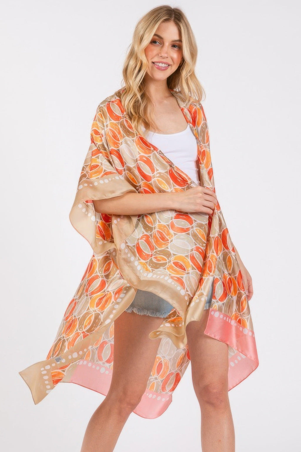 Two Tones Trim Abstract Print Silky Feel Kimono