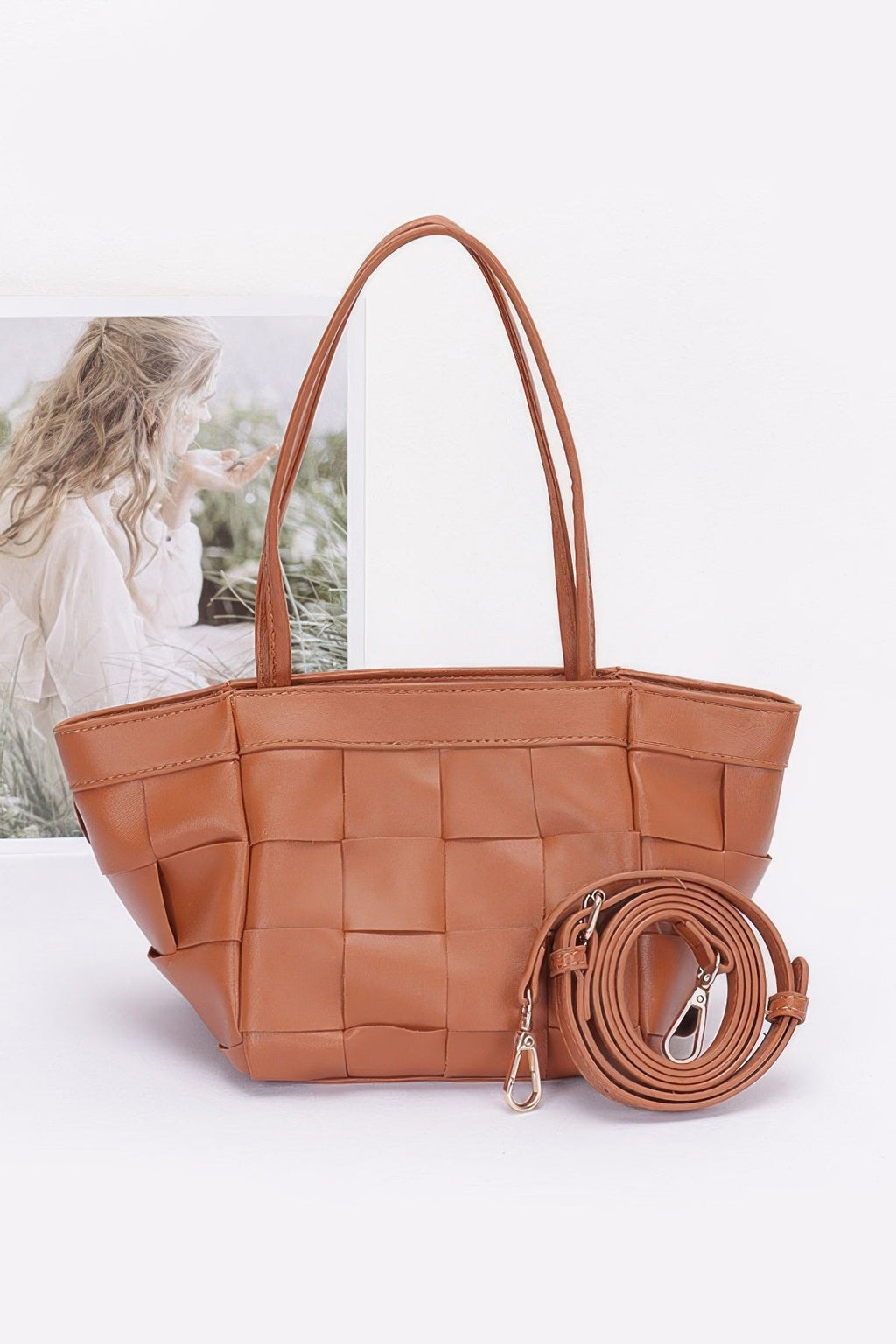 Faux Leather Braided Tote Bag