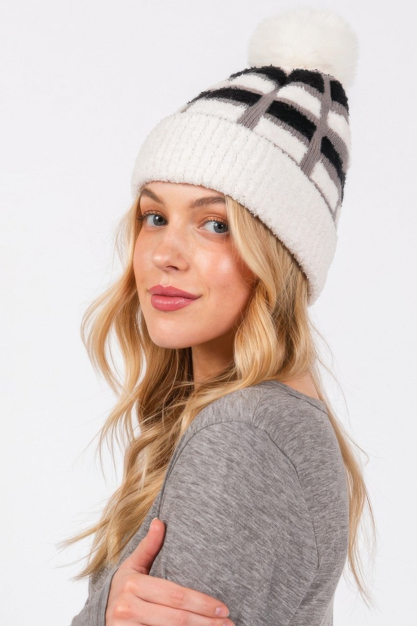 Cozy Color Blocked Pom Pom Beanie