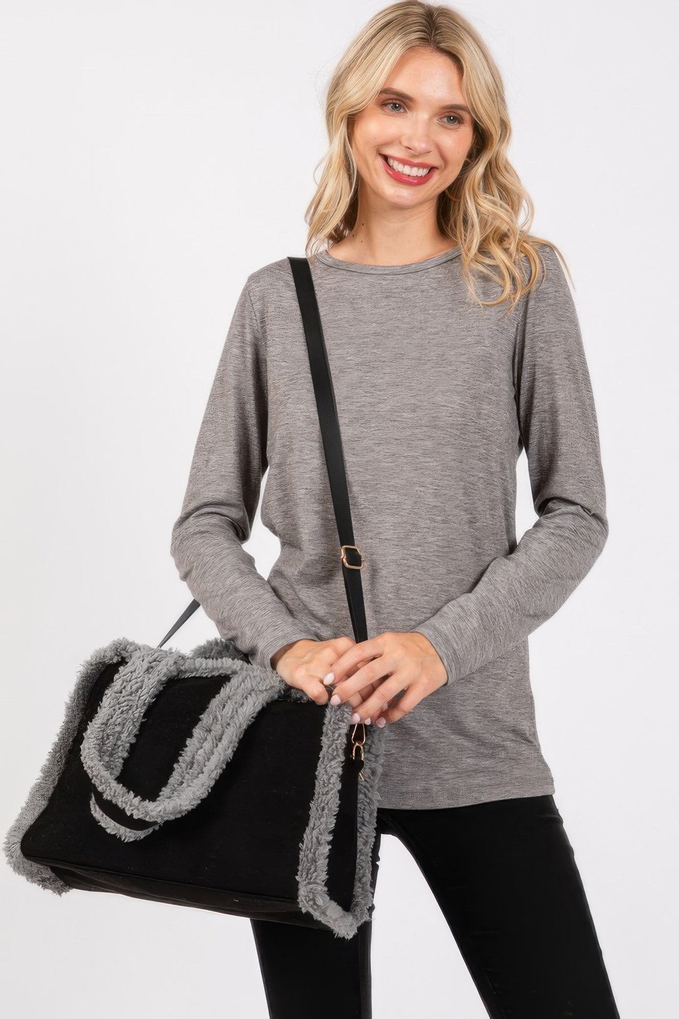 Fleece Trimmed Solid Tote And Crossbody Bag
