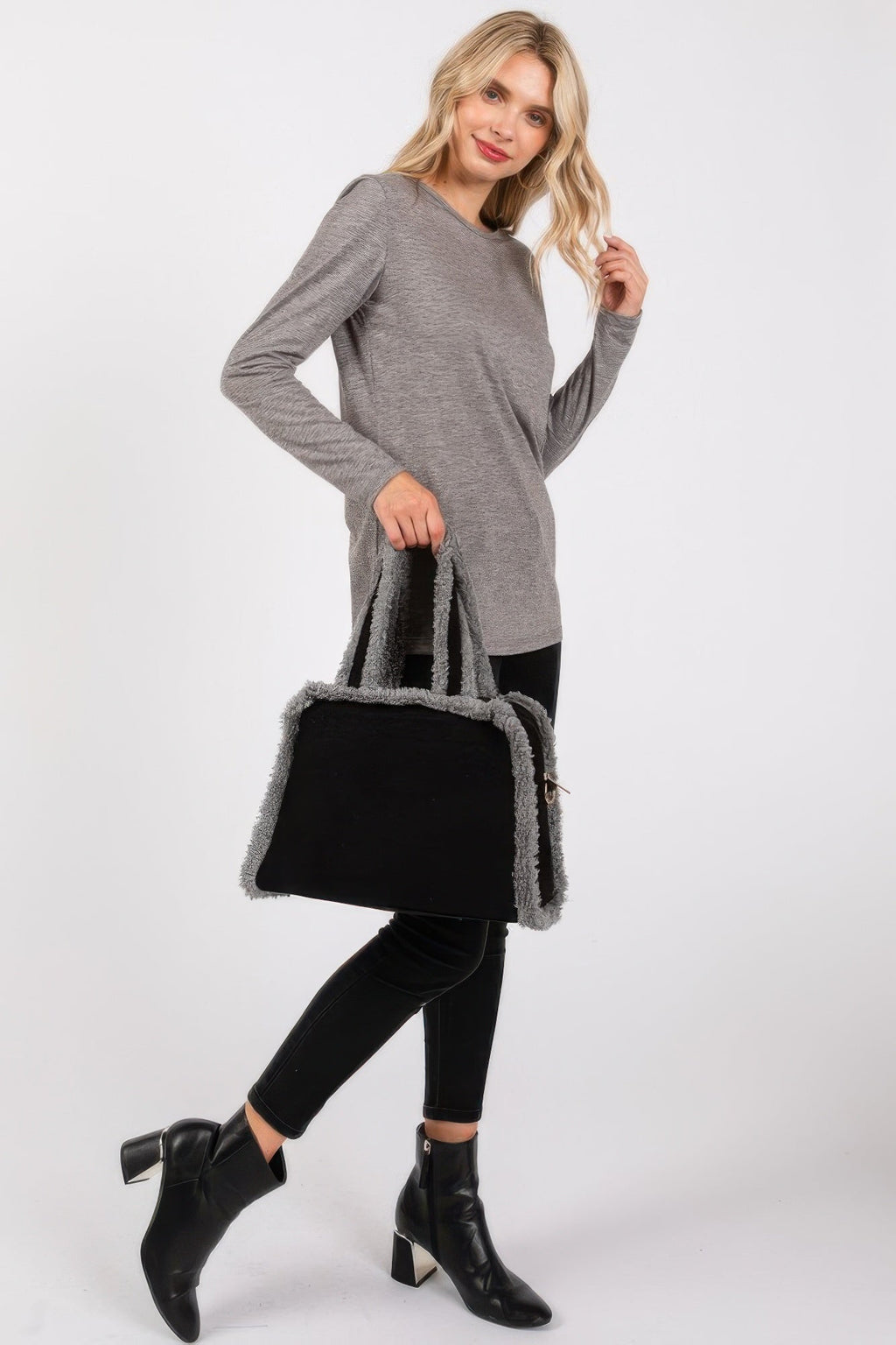 Fleece Trimmed Solid Tote And Crossbody Bag