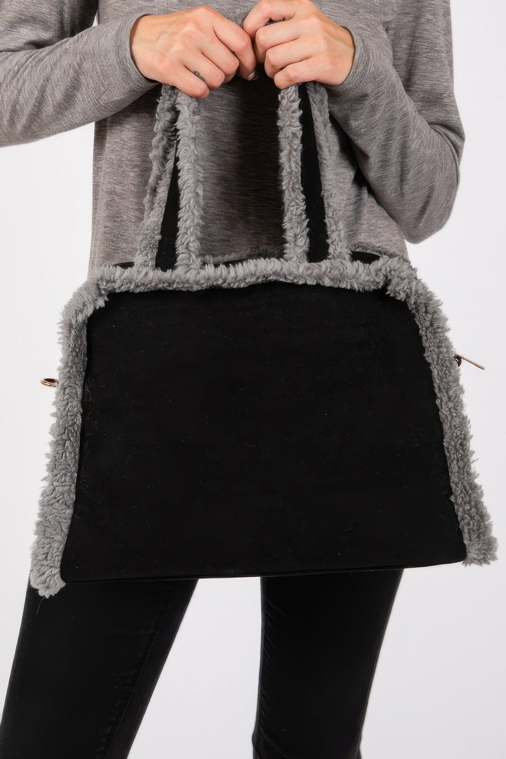 Fleece Trimmed Solid Tote And Crossbody Bag