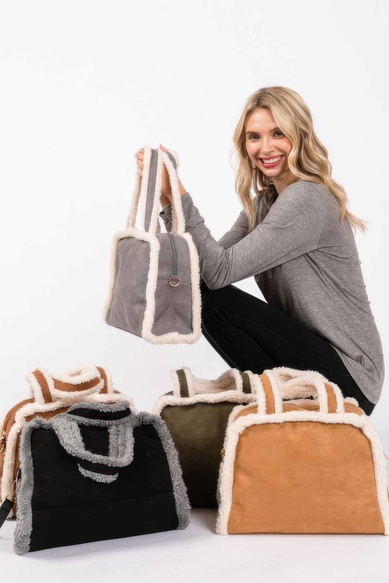 Fleece Trimmed Solid Tote And Crossbody Bag