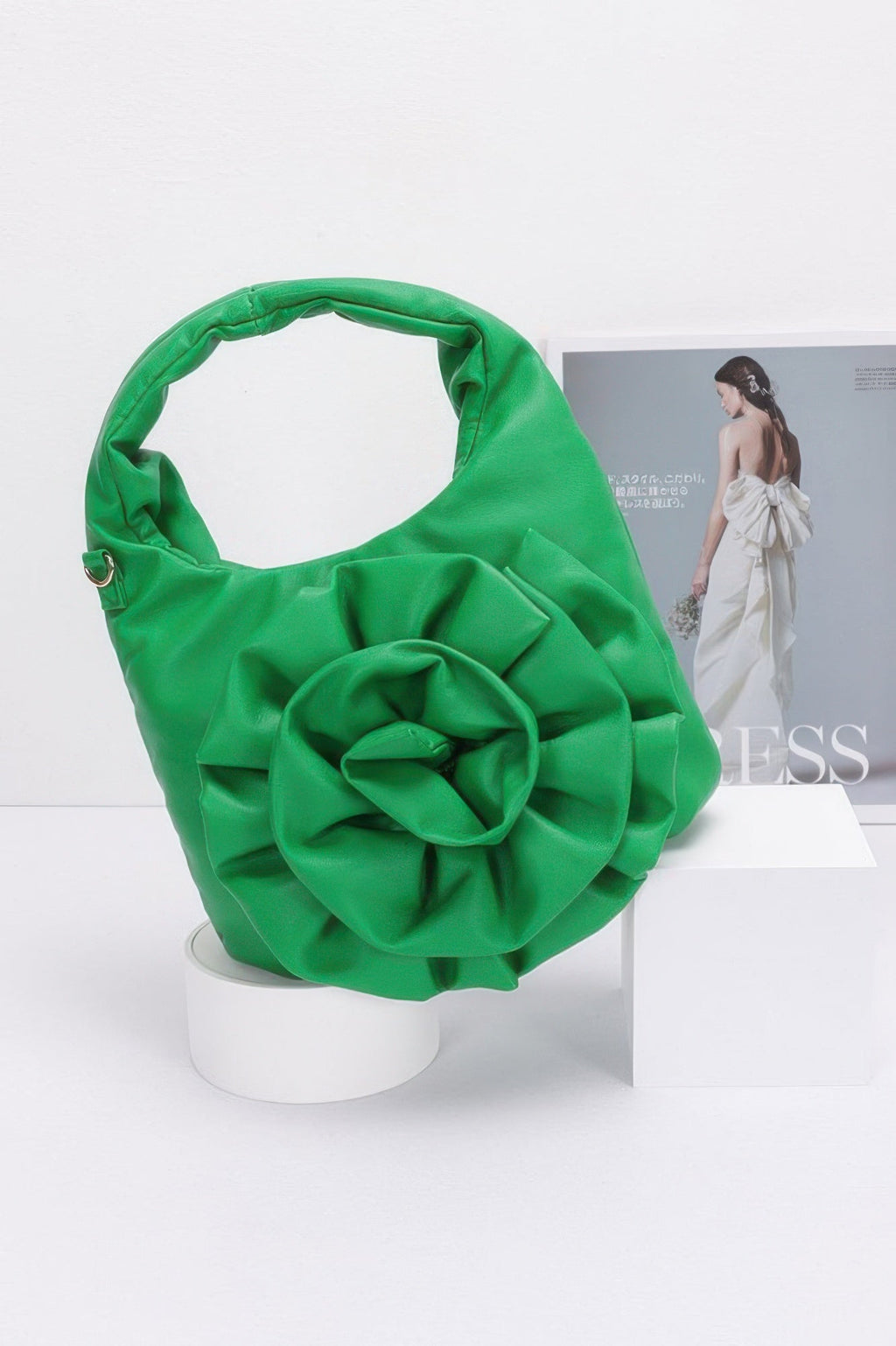Faux Leather Big Flower Handle Bag