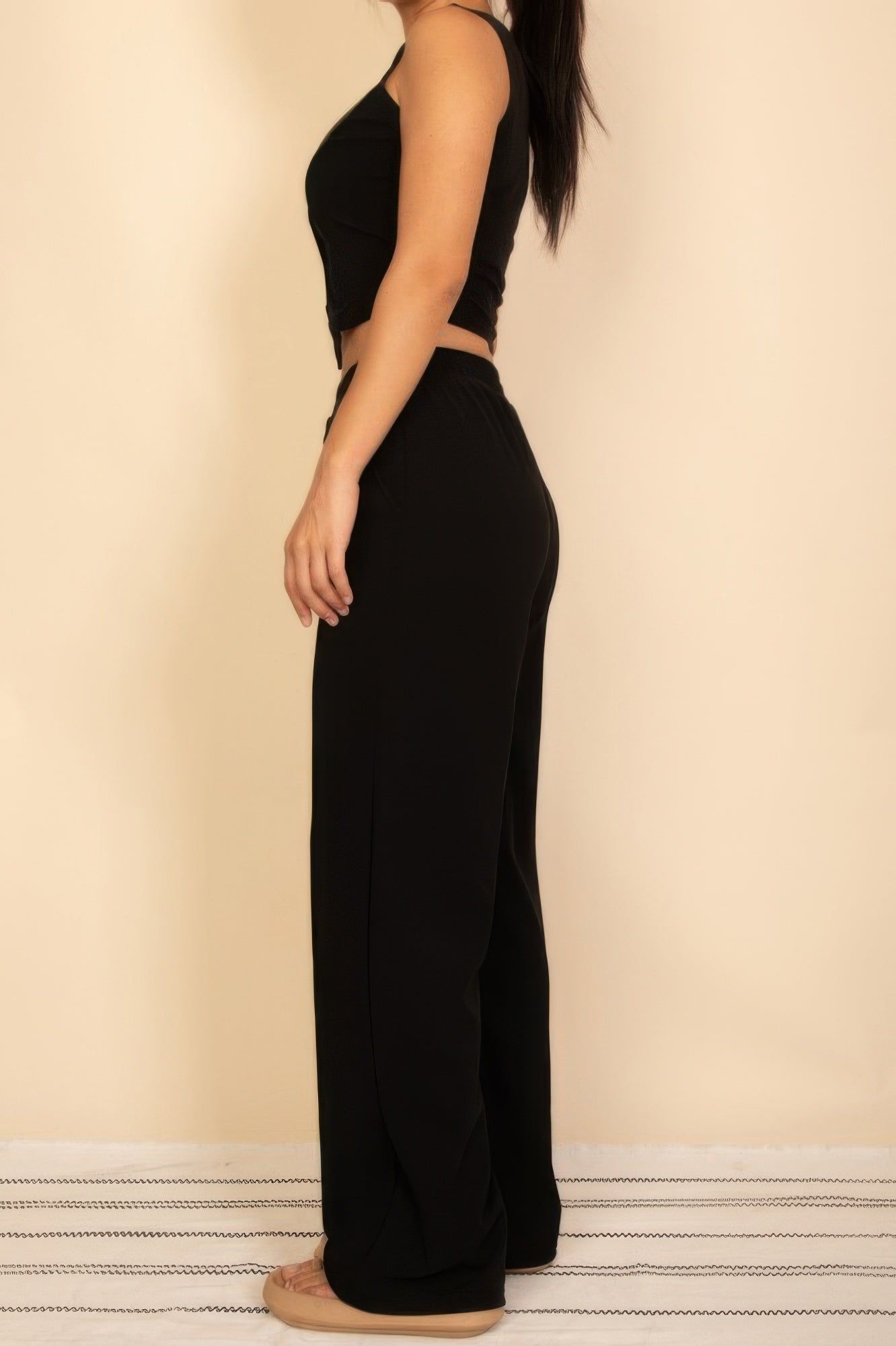 Scoop Neck Button Vest & Wide Leg Pants Set