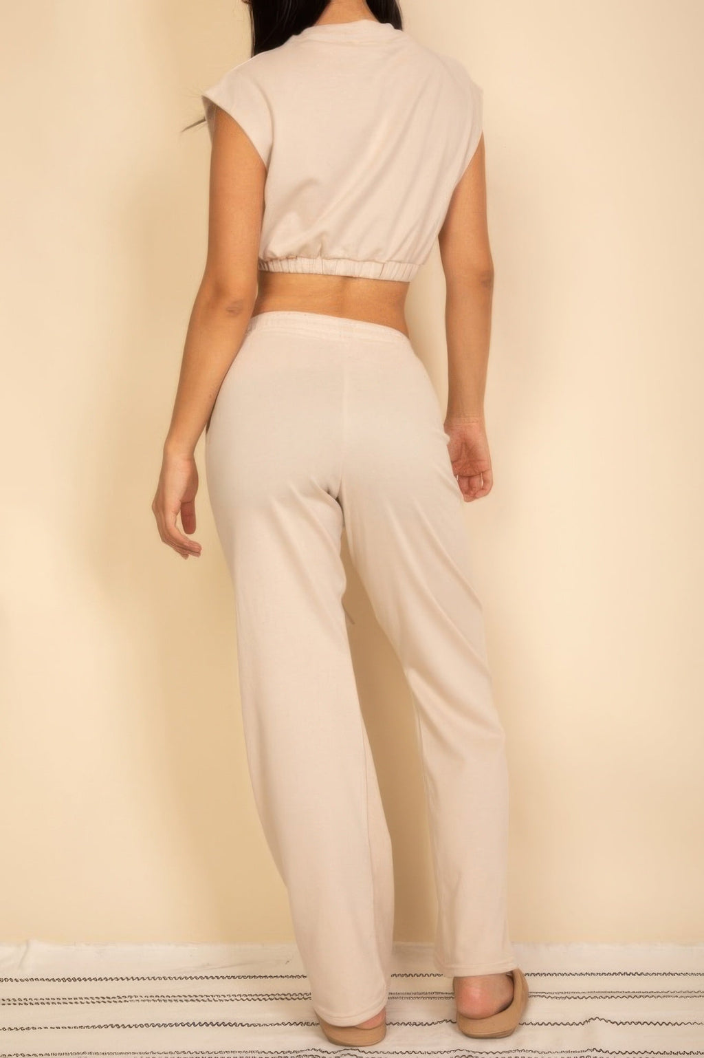 Elastic Hem Crop Top & Wide Leg Pants Set With Faux Drawstring