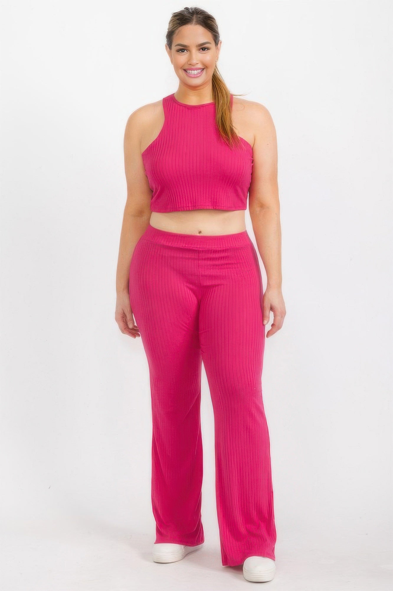 Plus Ribbed Cropped Top And Bootcut Pants Sets