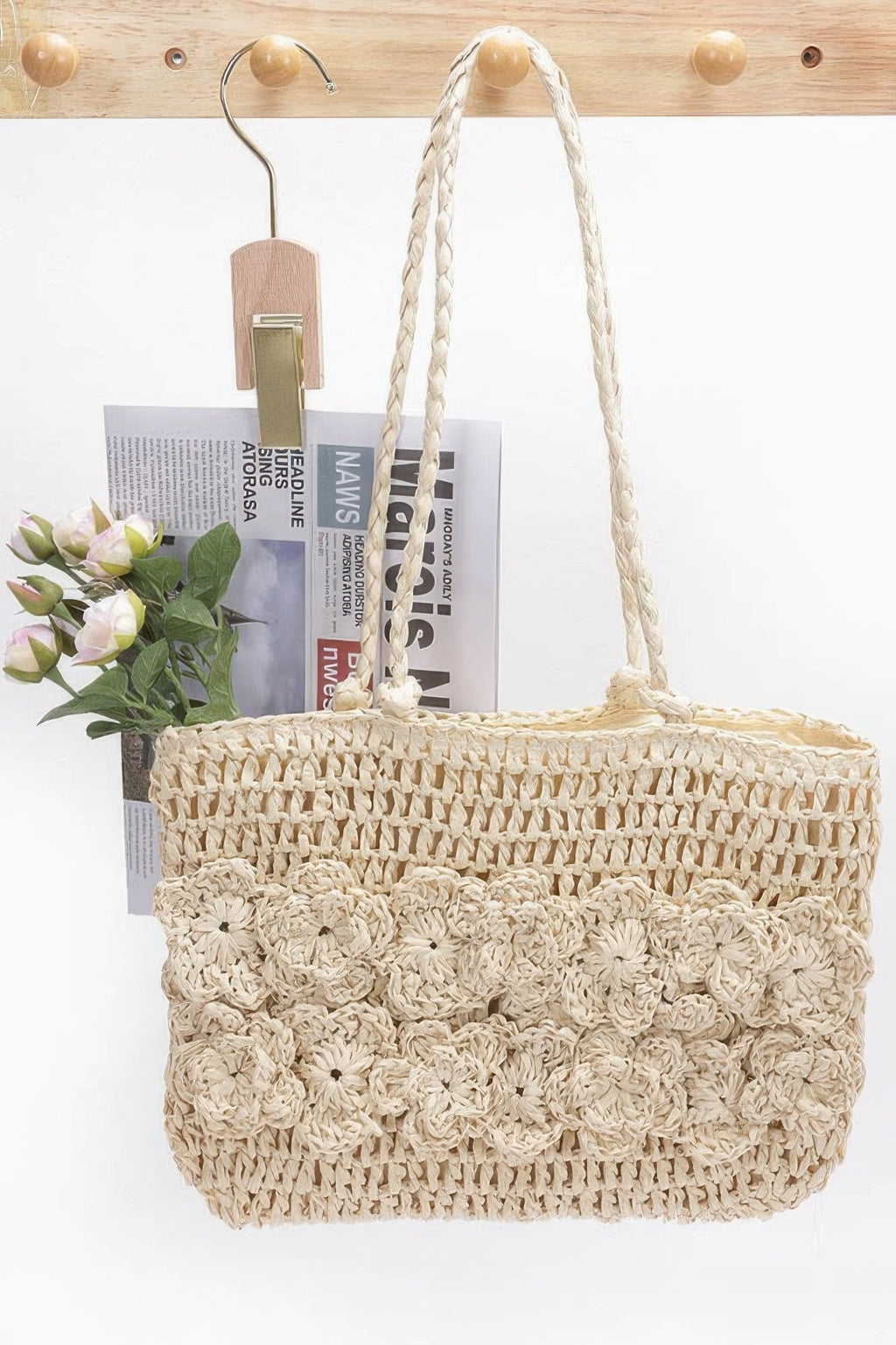 Faux Straw Multi Flower Tote Bag