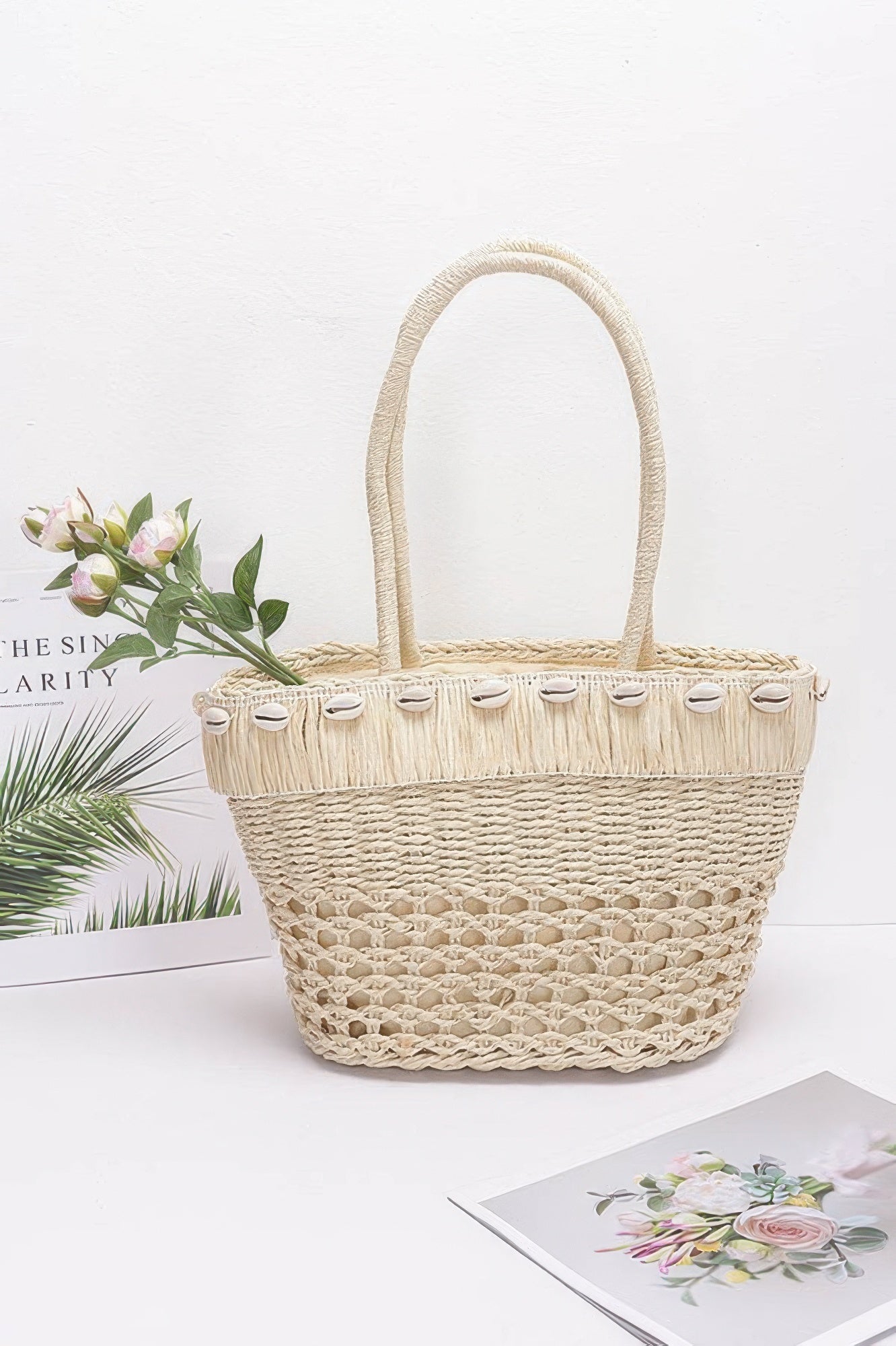 Faux Straw Shell Tote Bag